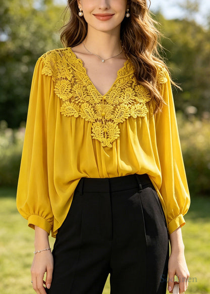 Art Yellow Oversized Patchwork Hollow Out Chiffon Blouses Summer