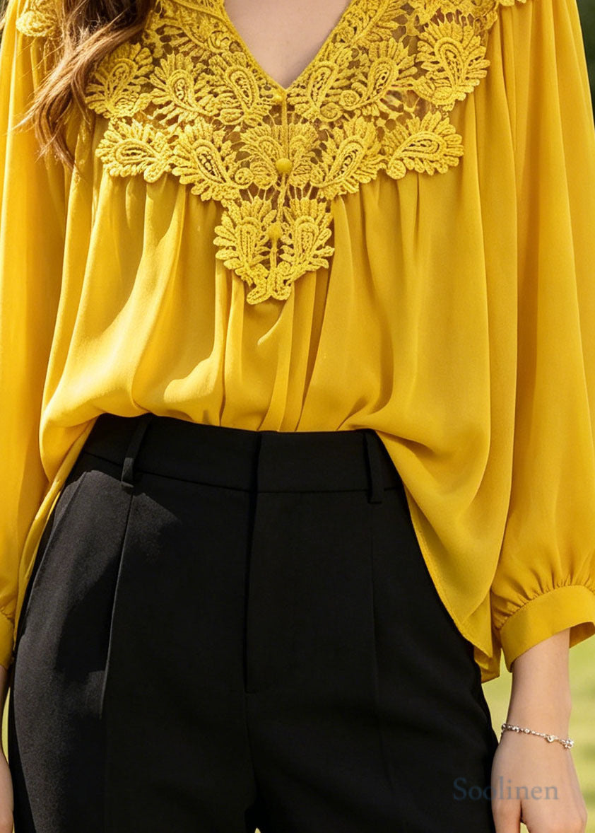 Art Yellow Oversized Patchwork Hollow Out Chiffon Blouses Summer
