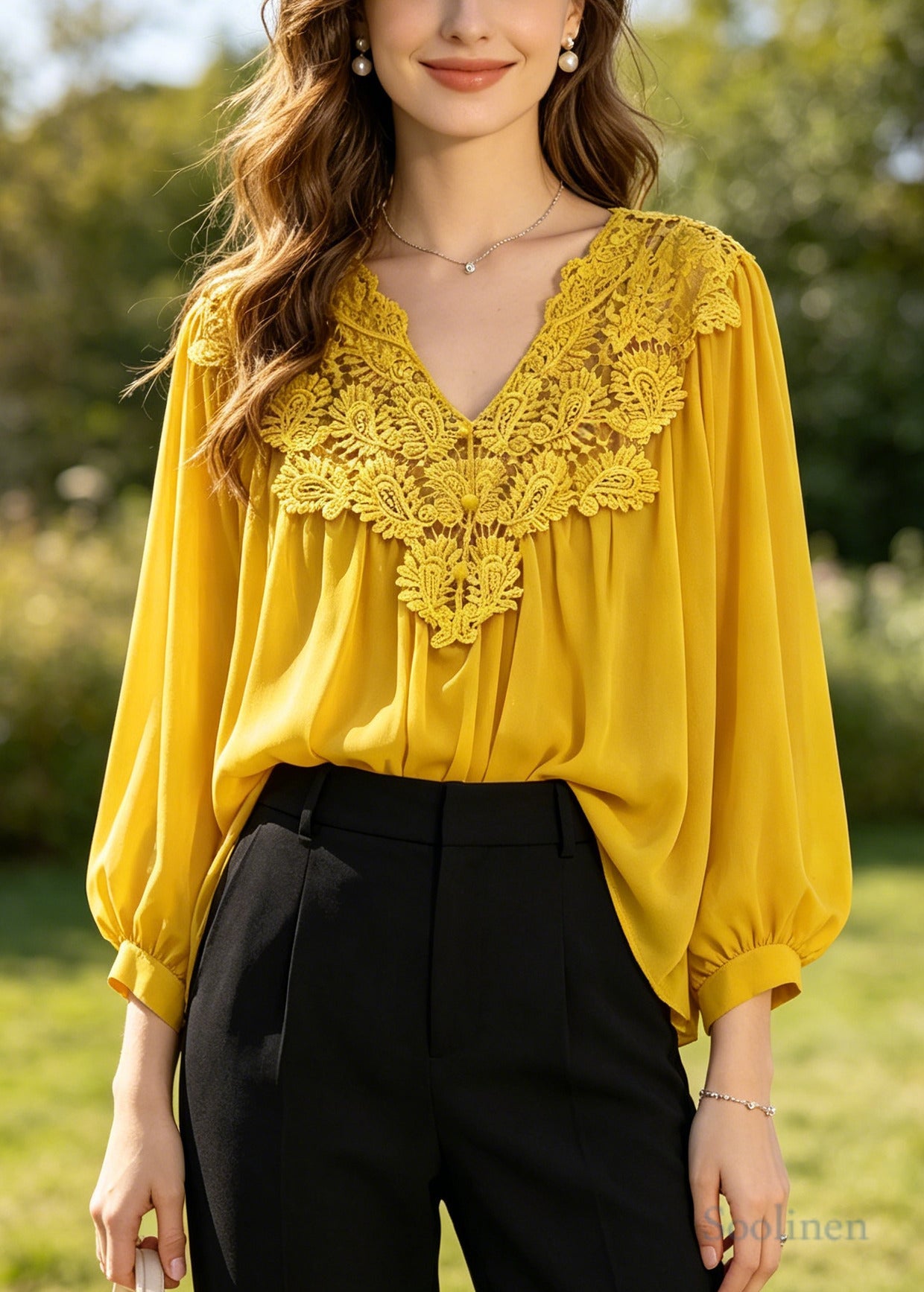 Art Yellow Oversized Patchwork Hollow Out Chiffon Blouses Summer