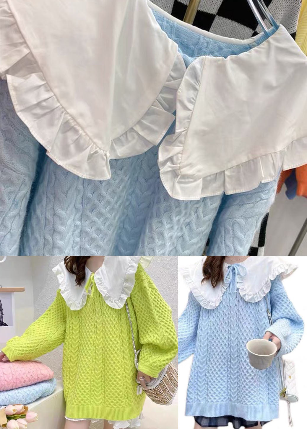 Art Gelb Peter Pan Kragen Patchwork Strickpullover Winter