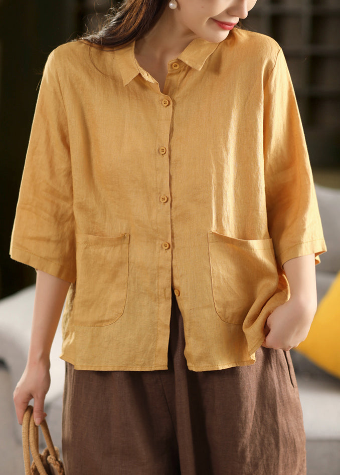 Art Yellow Peter Pan Collar Pockets Linen Blouse Bracelet Sleeve