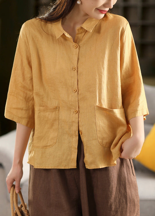 Art Yellow Peter Pan Collar Pockets Linen Blouse Bracelet Sleeve