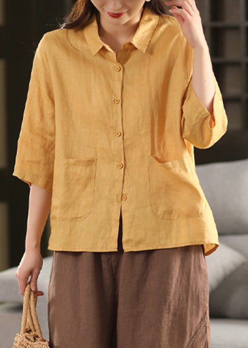 Art Yellow Peter Pan Collar Pockets Linen Blouse Bracelet Sleeve