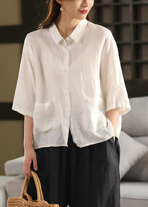 Art Yellow Peter Pan Collar Pockets Linen Blouse Bracelet Sleeve