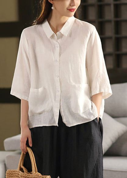 Art Yellow Peter Pan Collar Pockets Linen Blouse Bracelet Sleeve