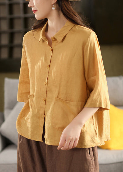 Art Yellow Peter Pan Collar Pockets Linen Blouse Bracelet Sleeve