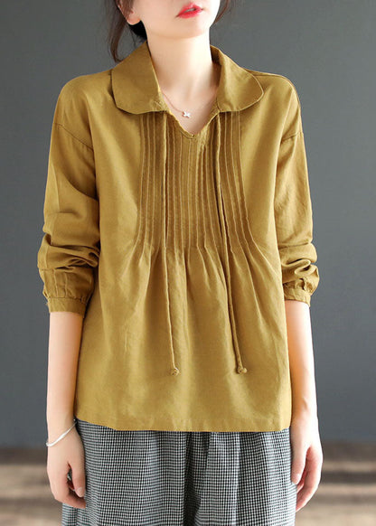 Camisa de algodón con cuello Peter Pan y diseño de patchwork arrugado en amarillo Art Primavera