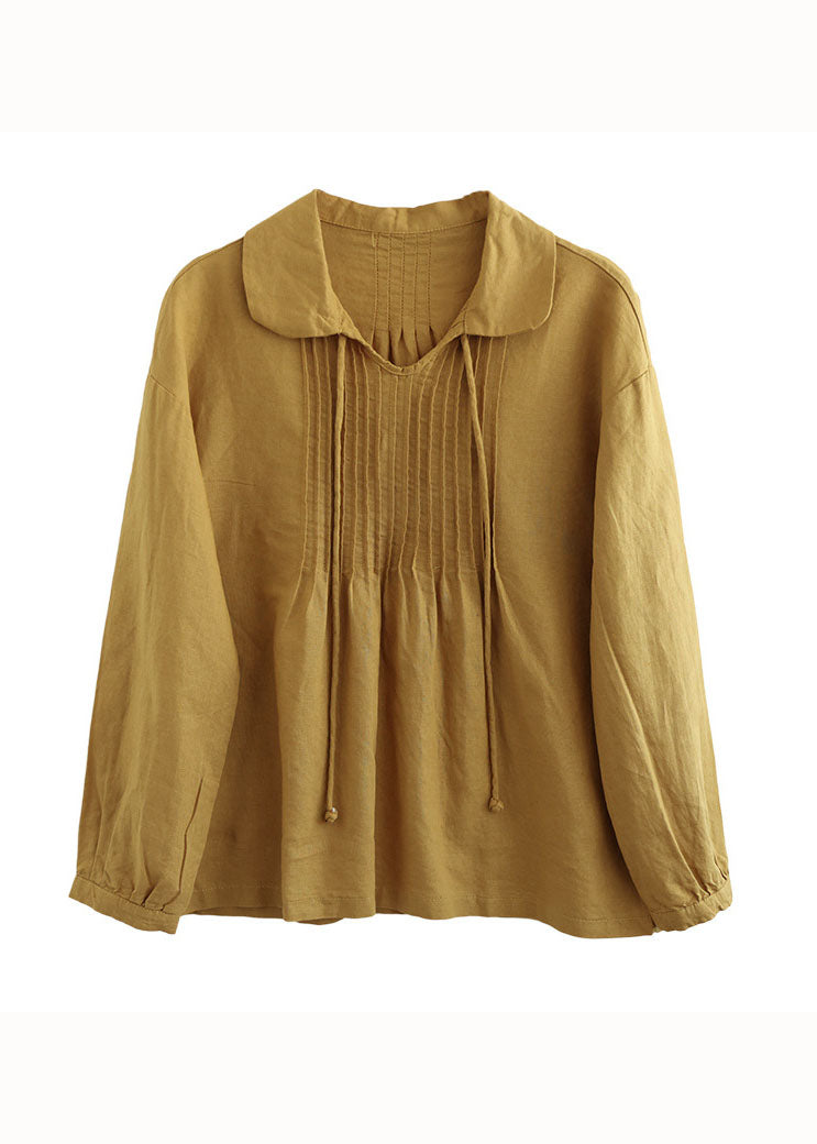 Camisa de algodón con cuello Peter Pan y diseño de patchwork arrugado en amarillo Art Primavera