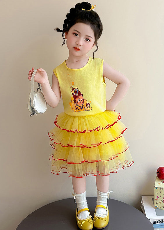 Art Yellow Print Cotton Baby Girls Two Pieces Set Summer