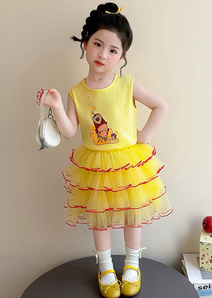 Art Yellow Print Cotton Baby Girls Two Pieces Set Summer