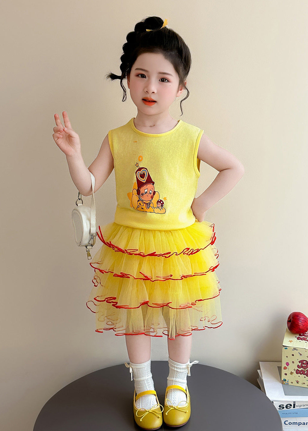 Art Yellow Print Cotton Baby Girls Two Pieces Set Summer