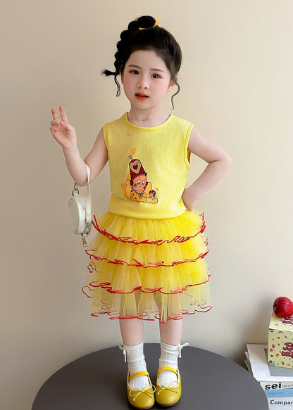 Art Yellow Print Cotton Baby Girls Two Pieces Set Summer
