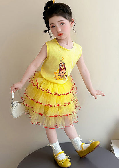 Art Yellow Print Cotton Baby Girls Two Pieces Set Summer
