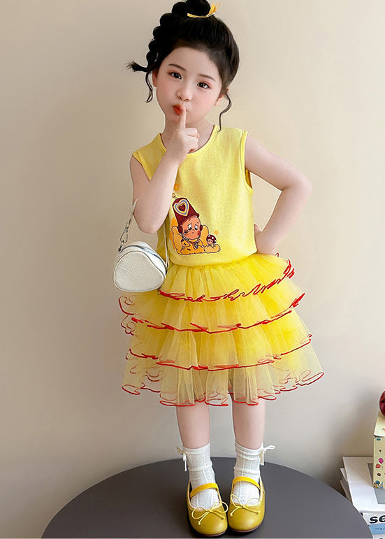 Art Yellow Print Cotton Baby Girls Two Pieces Set Summer