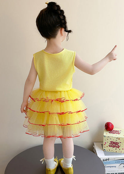 Art Yellow Print Cotton Baby Girls Two Pieces Set Summer