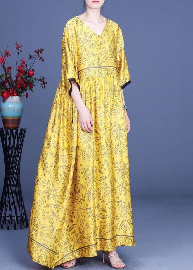 Art Yellow Print Silk Loose Long Dresses Summer - SooLinen
