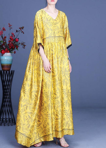 Art Yellow Print Silk Loose Long Dresses Summer - SooLinen