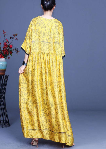 Art Yellow Print Silk Loose Long Dresses Summer - SooLinen