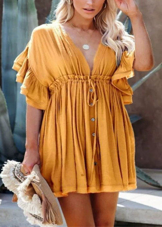Art Yellow Ruffled Lace Up Cotton Day Dress Summer