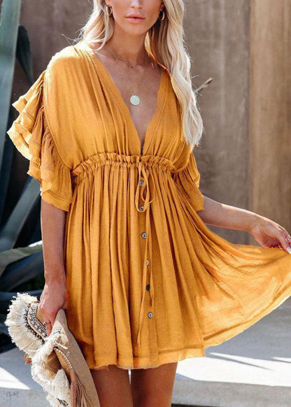 Art Yellow Ruffled Lace Up Cotton Day Dress Summer