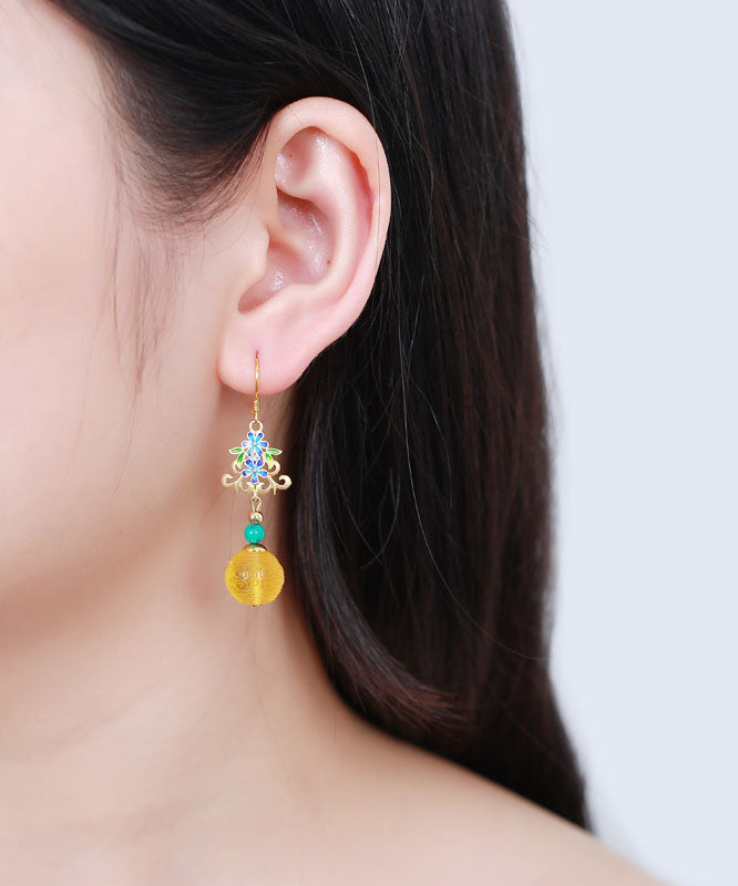 Art Yellow Sterling Silber Intarsien Bernstein Türkis Floral Tropfen Ohrringe