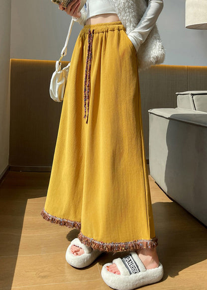 Kunstgelbe Cord-Crop-Hose mit Quasten und elastischem Bund für den Herbst