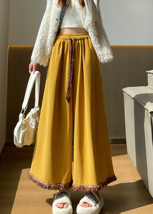 Kunstgelbe Cord-Crop-Hose mit Quasten und elastischem Bund für den Herbst