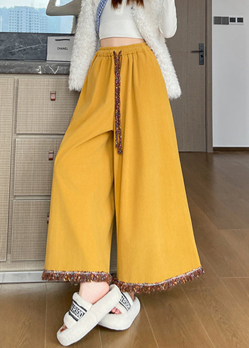 Kunstgelbe Cord-Crop-Hose mit Quasten und elastischem Bund für den Herbst