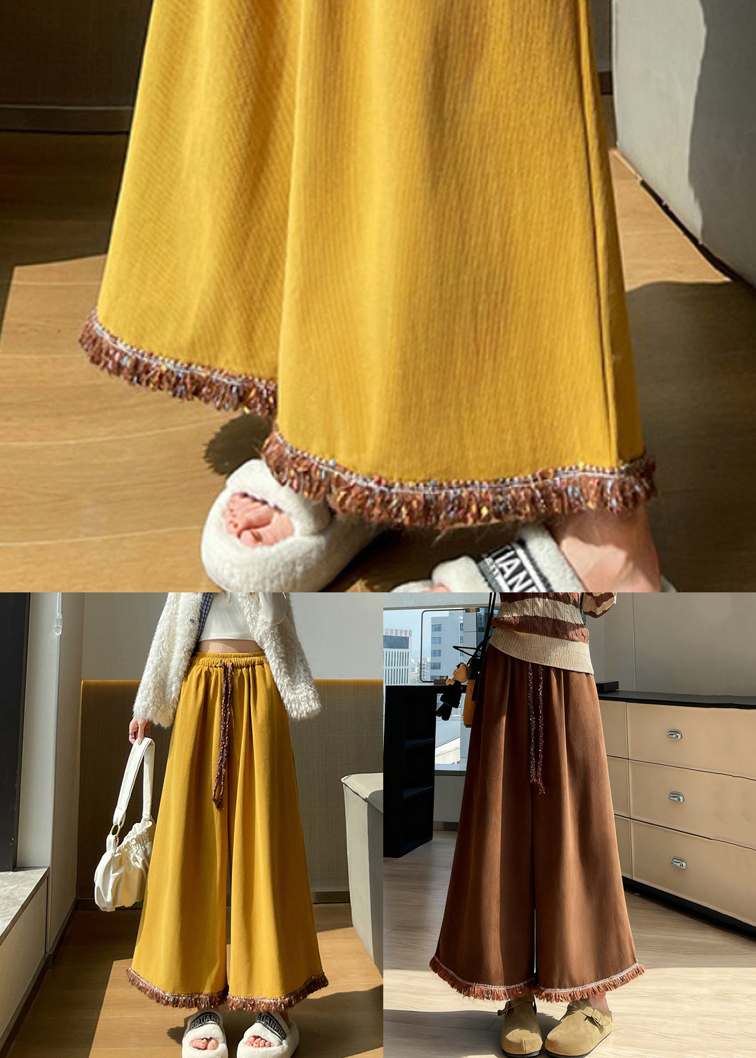 Kunstgelbe Cord-Crop-Hose mit Quasten und elastischem Bund für den Herbst