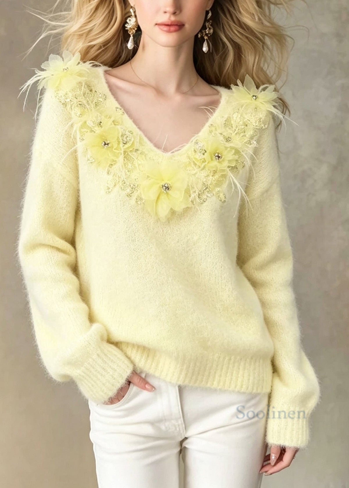 Art Yellow V Neck Thick Floral Knit Short Sweater Fall