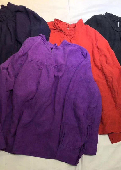 Art black linen tunics for women stand collar cotton fall blouse - SooLinen