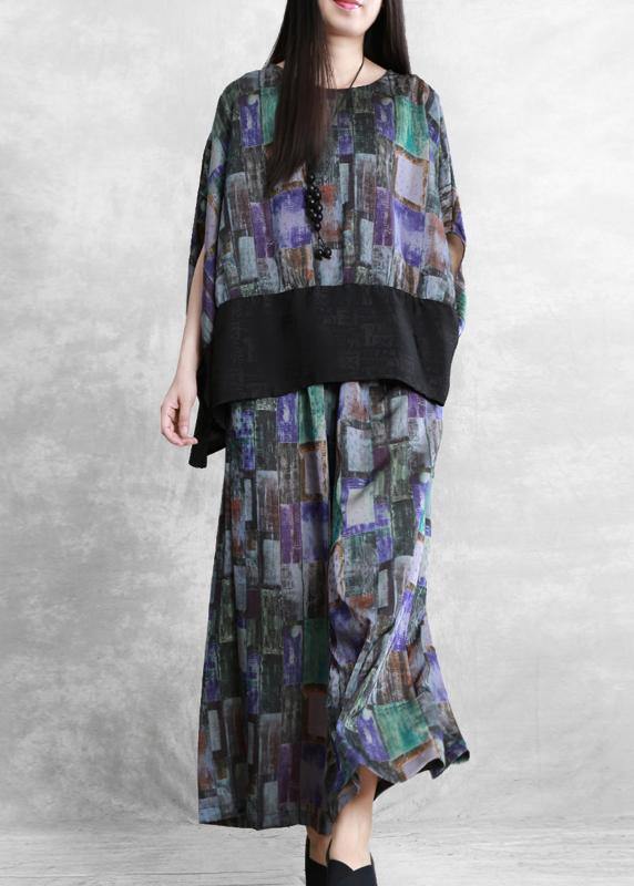 Art blue stitching suit large size national style fashion two-piece suit - SooLinen