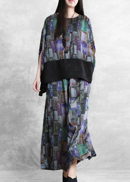 Art blue stitching suit large size national style fashion two-piece suit - SooLinen