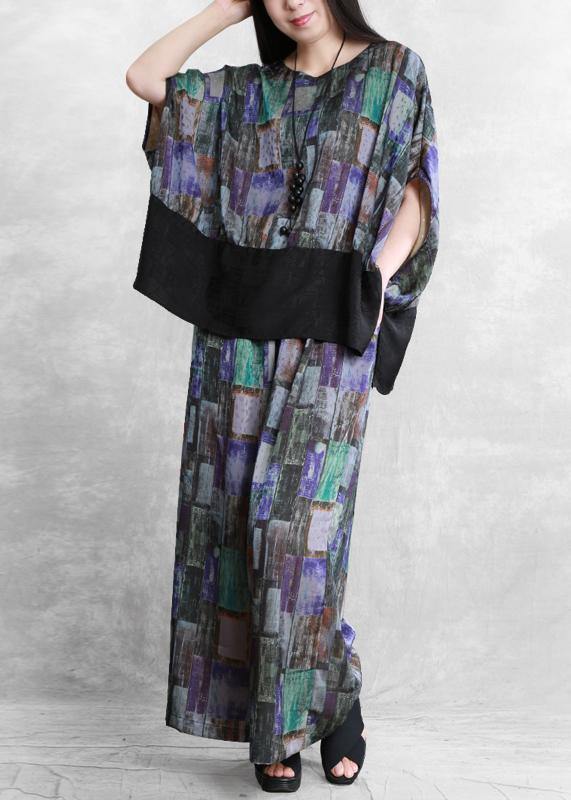 Art blue stitching suit large size national style fashion two-piece suit - SooLinen