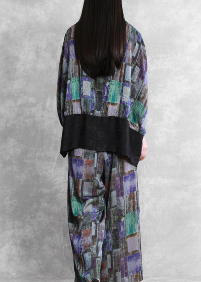 Art blue stitching suit large size national style fashion two-piece suit - SooLinen