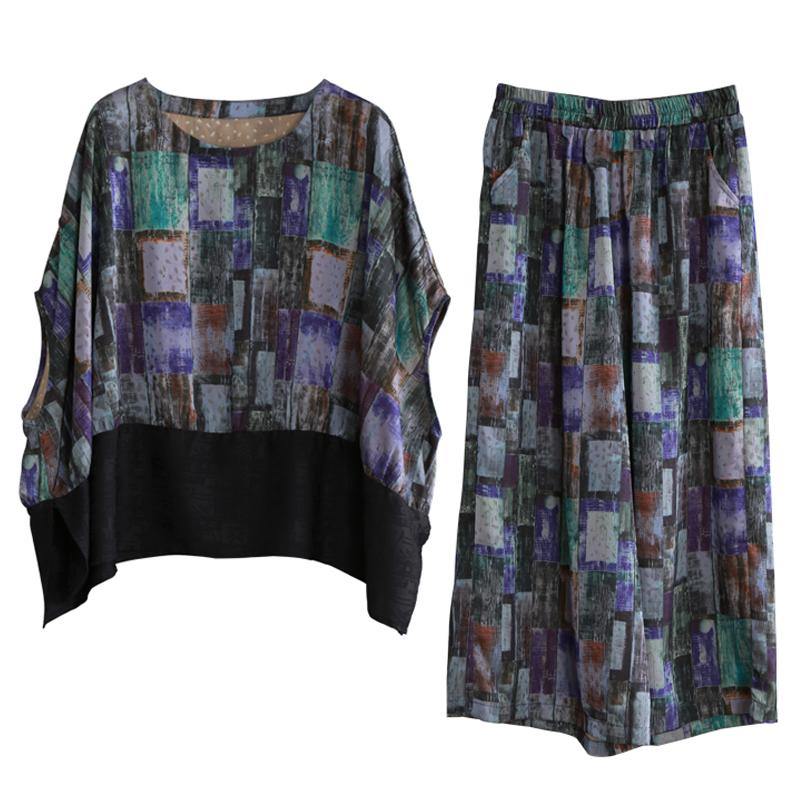 Art blue stitching suit large size national style fashion two-piece suit - SooLinen