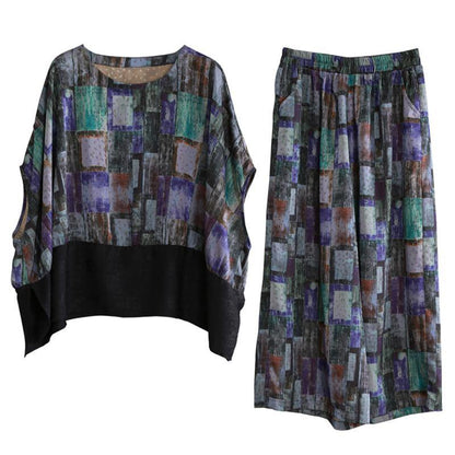 Art blue stitching suit large size national style fashion two-piece suit - SooLinen