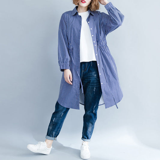 Art blau gestreiften Baumwolle Kranich Tops Casual Muster Turn-down Kragen Kleider Blusen