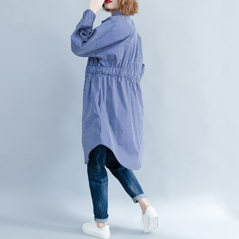 Art blau gestreiften Baumwolle Kranich Tops Casual Muster Turn-down Kragen Kleider Blusen