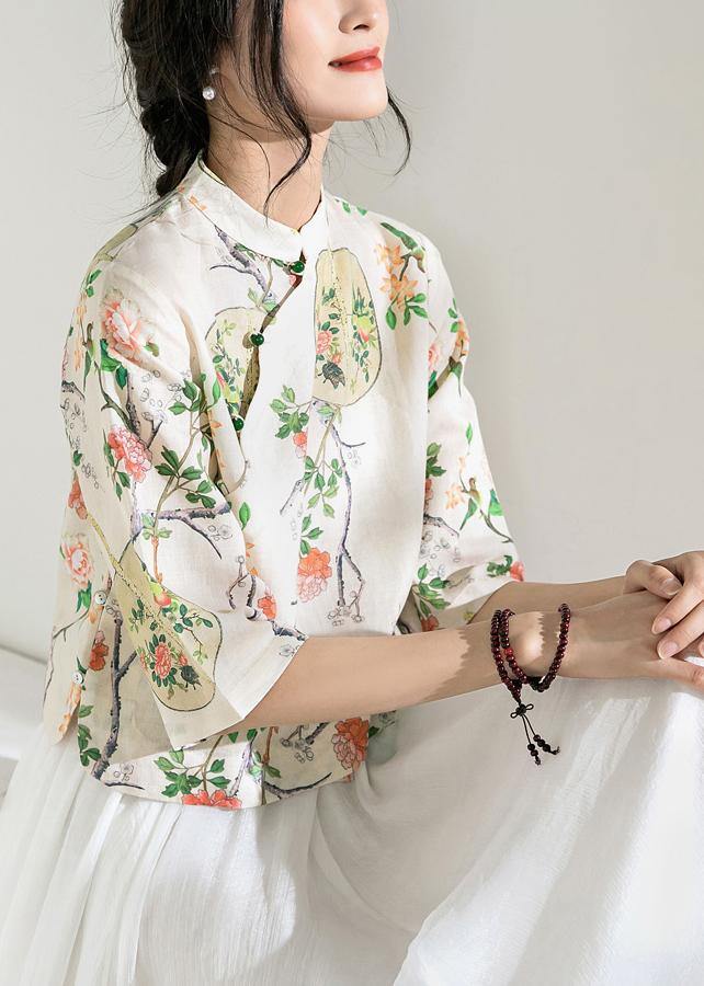 Art floral linen blouses for women half sleeve oversized stand collar shirts - SooLinen