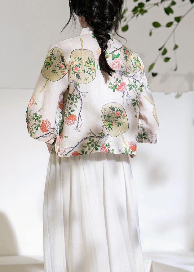 Art floral linen blouses for women half sleeve oversized stand collar shirts - SooLinen