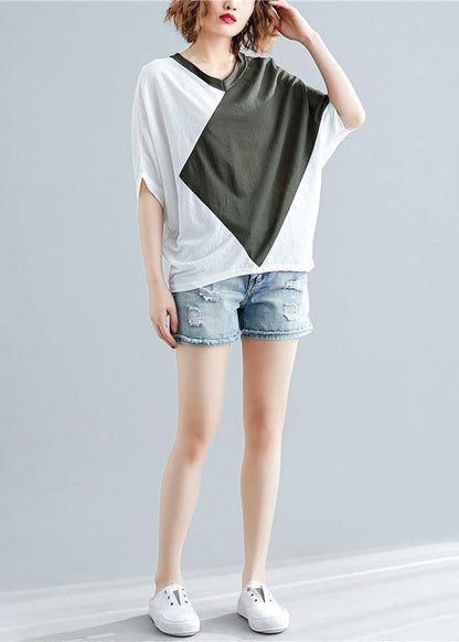 Art green cotton blouses for women patchwork baggy summer blouse - SooLinen