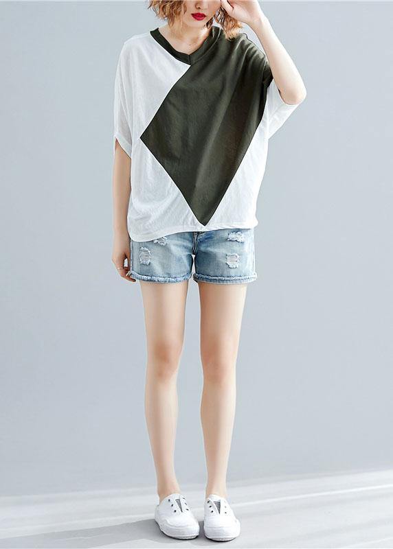 Art green cotton blouses for women patchwork baggy summer blouse - SooLinen