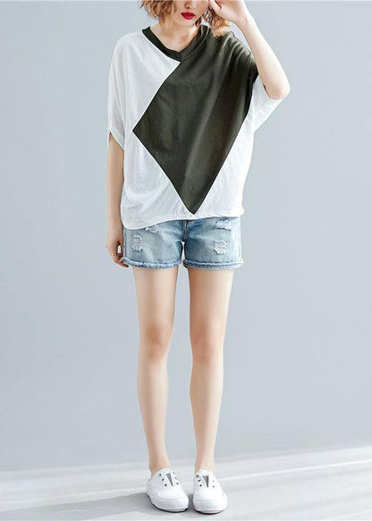 Art green cotton blouses for women patchwork baggy summer blouse - SooLinen