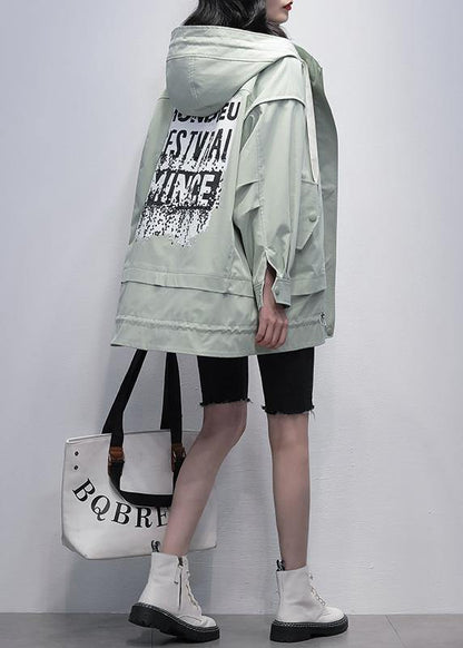 Art hooded Letter Plus Size Coats Women green coats - SooLinen