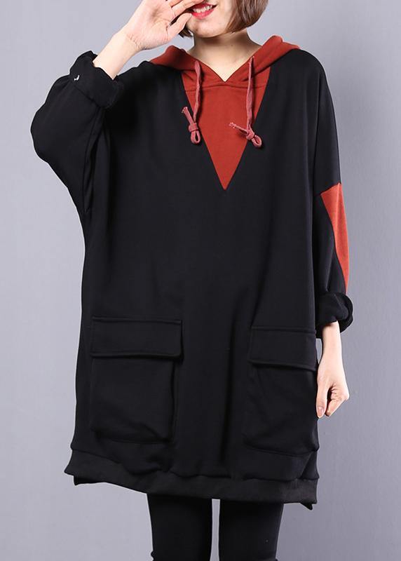 Art hooded cotton clothes For Women Work black patchwork blouse autumn - SooLinen