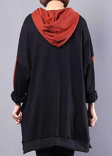 Art hooded cotton clothes For Women Work black patchwork blouse autumn - SooLinen