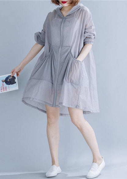 Art hooded cotton tunic top Fabrics gray blouses summer - SooLinen