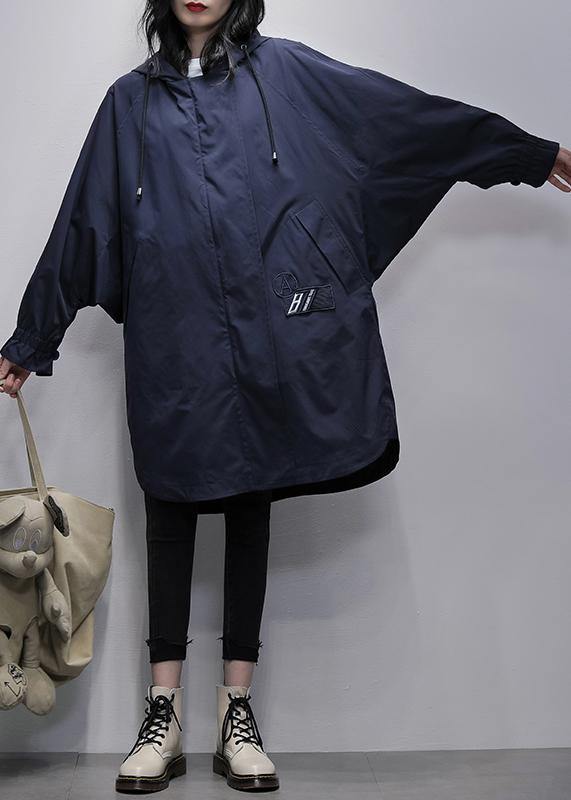 Art hooded zippered Fashion crane coats blue Plus Size Clothing coats - SooLinen