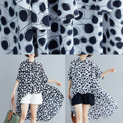 Art lapel asymmetric chiffon clothes Fine Neckline black dotted shirt Summer - SooLinen
